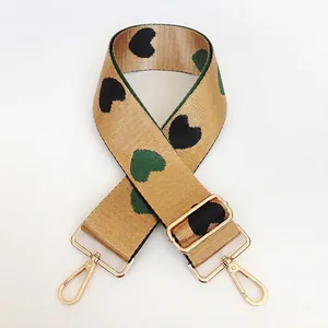 Detail of thickened jacquard nylon strap with colorful heart pattern and gold swivel hooks