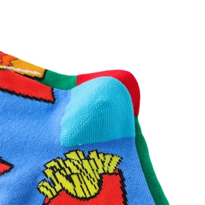 Detail of knitted cotton socks featuring French fries pattern and reinforced heel stitching