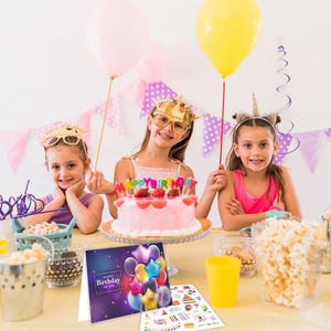 Coffret carte d'anniversaire ballons violets et autocollants de fête pour enfants