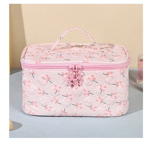 Detailed macro view of pink floral toiletry bag with star-shaped zipper and quilted fabric