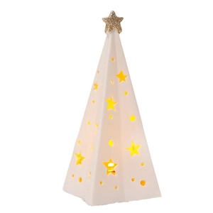 Ceramic Christmas tree lamp with hollow stars and golden topper in warm white light