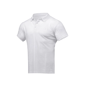 Close-up of white men's short sleeve polo shirt with 3D textured pique fabric detail