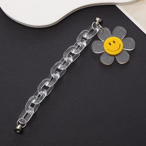 Detail of acrylic phone wrist strap with transparent chain and yellow smiley flower charm