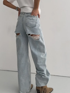 Jean Denim Large Délavé Bleu Clair Rétro Femmes Décontracté Jambe Droite Coton Streetwear