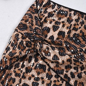 Detailed view of shimmering sequins on leopard print fabric with precise stitching