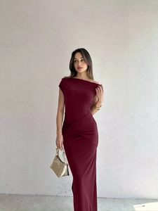 Elegant burgundy one-shoulder ruched maxi dress with side slit and slim fit silhouette