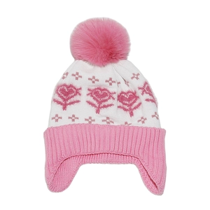 Detail of pink and white knit earmuff hat for girls with faux fur pom pom and heart pattern