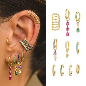 Exaggerated Copper Gold Plated Earring Set For Women Multicolor Zirconia Waterdrop Pendant Ear Cuffs Hoops Set Fashion Jewelry