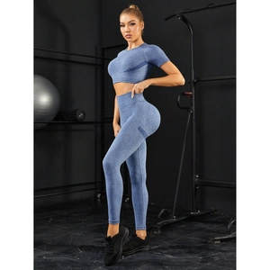 Damen Yoga-Set schnelltrocknend mit nahtloser High-Waist-Leggings und Crop Top in Blau