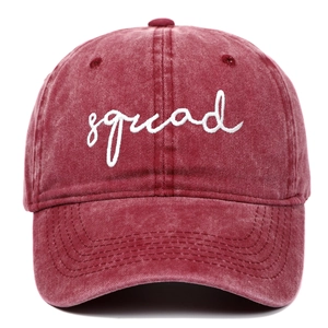 Washed burgundy baseball cap with white squad embroidery in American retro style