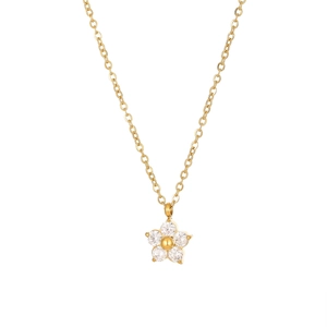 Elegant gold flower pendant necklace with clear crystals and a polished metal chain