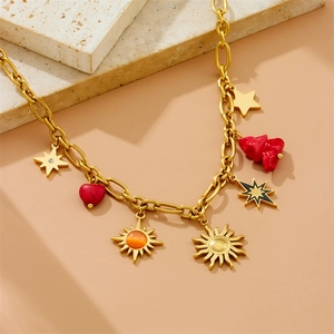 Golden titanium steel necklace with sunflower, cat eye star, and red heart pendants