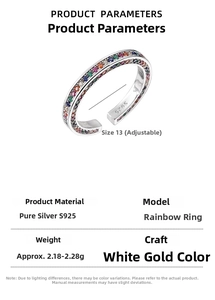 Macro shot of S925 sterling silver rainbow ring with colorful cubic zirconia and specs