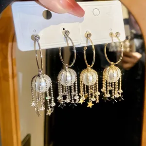 Artificial Pearl Tassel Drop Earrings With 925 Sterling Silver Earring Post Zircon Star Long Chain Dangle For Women