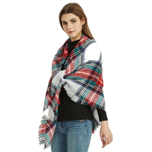 Close-up of soft cashmere-feel scarf with classic red, green, and blue plaid pattern