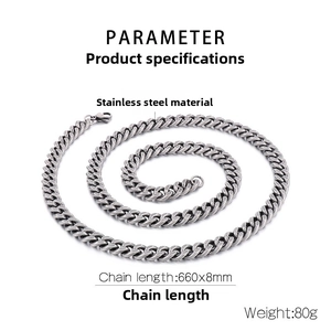 Detailed view of 8mm wide stainless steel Cuban link necklace with 660mm total length