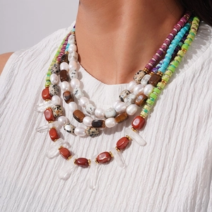 Bohemian multi-layer necklace with natural stone beads and freshwater pearls for women
