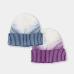 Chic tie-dye gradient knit beanies in blue and purple, warm winter ribbed cuff hats