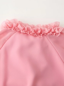 Close-up of pink chiffon top neckline with ruffle trim and raglan sleeve detail