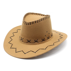 Close-up of brown cowboy hat with X-shaped braid trim and stitched edges details