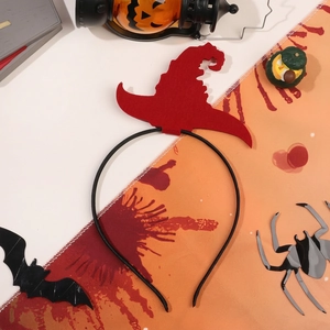 Red felt wizard hat headband for Halloween costumes with pumpkin and bat decorations