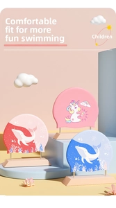 Three colorful silicone swim caps for kids with cute unicorn and whale 3D cartoon designs