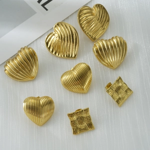 Heart Square Ribbed Earrings 18K Gold Plated Stainless Steel With 925 Sterling Silver Earring Post Retro For Women