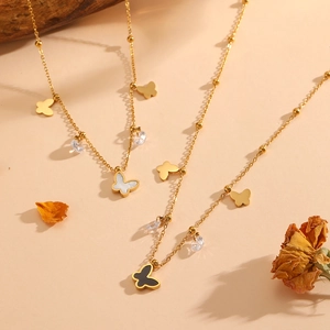 18k gold plated stainless steel butterfly necklaces with shell texture and crystals