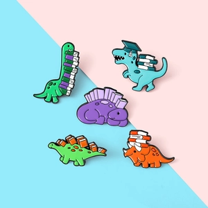 Set of 5 creative cartoon dinosaur enamel pins combined with books for backpack decor
