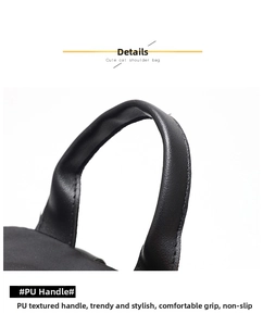 Detail of the durable black PU leather handle with reinforced stitching and soft texture