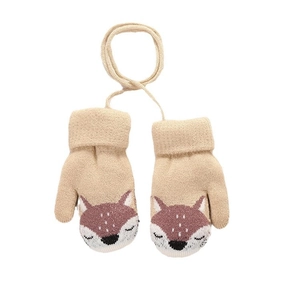 Beige fox pattern knit mittens for toddlers with neck string for outdoor warmth