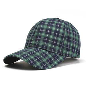 Classic green and blue plaid baseball cap with a minimalist structured crown for summer
