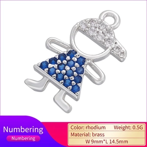Silver girl pendant with blue zircons for jewelry making 9x14.5mm rhodium brass charm