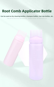 Detailed scale markings on pink and purple hair dye root comb applicator bottles