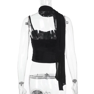 Detail view of black halter top with scarf tie back and thin adjustable straps