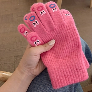 Cute winter knit gloves for women with sweet pink design and fun finger embroidery details.