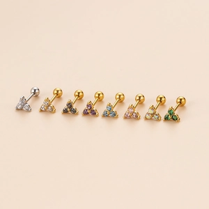 Stainless steel cartilage studs with multi-color zircon stones and screw ball backs
