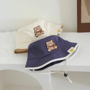 Cute baby sun bucket hat with bear embroidery and adjustable chin strap for toddlers