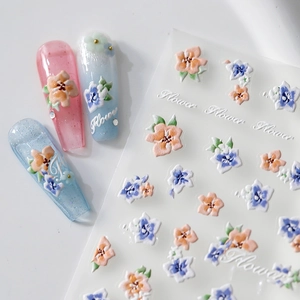3D floral nail stickers with pastel embossed flower designs for elegant manicure art