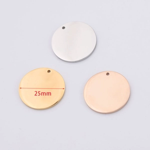 Three 25mm round stainless steel mirror tags in silver, gold, and rose gold finishes