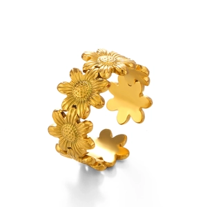 Polished golden stainless steel sunflower open ring with adjustable minimalist band design