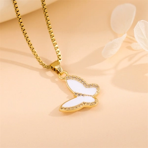 Elegant gold-plated butterfly necklace with white enamel and sparkling zircon accents