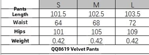 Tableau des tailles pour pantalon en velours QQ8619 avec mesures de taille et hanches