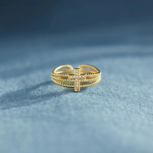 Adjustable triple-layer gold beaded ring with sparkling zircon cross for women