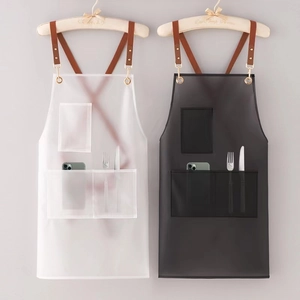 Waterproof TPU Apron Oil Proof Translucent Multi Pockets Cross Back Leather Straps Kitchen Chef Workwear