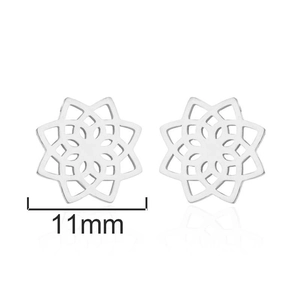 Minimalist 11mm hollow lotus mandala stud earrings in silver stainless steel for women