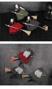 Detailed trio of Halloween witch hanging decorations in red, green and grey linen outfits