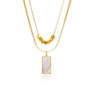 Detail of double-layer 18k gold plated necklace with rectangle mother of pearl pendant