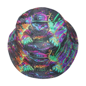 Cappello da pescatore con stampa graffiti gatto DJ neon e design street style