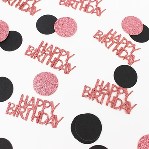 Pink glitter Happy Birthday table confetti with matching black and pink decorative dots